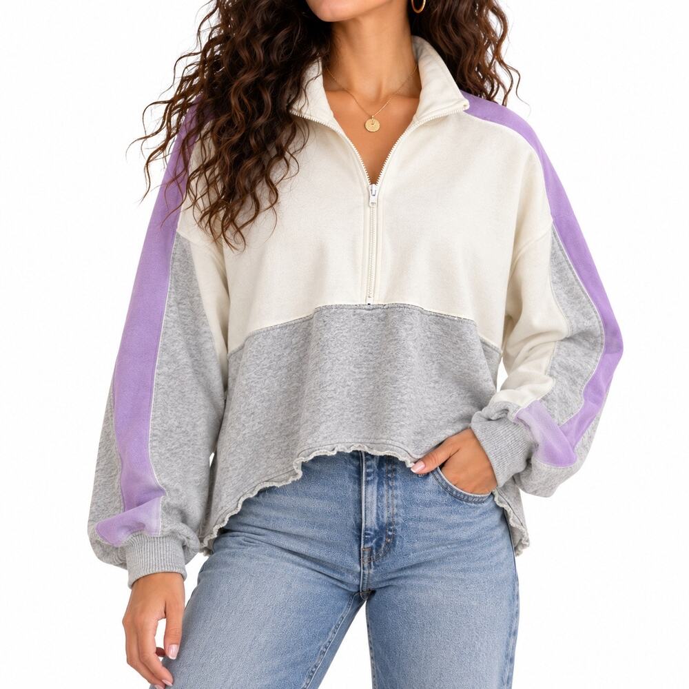 Gilly Hicks high low hem lavender white gray 1/4 zip sweat top women M